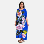 100% Viscose Handpainted Floral Pattern Maxi Dress (One Size) - Blue - Multi