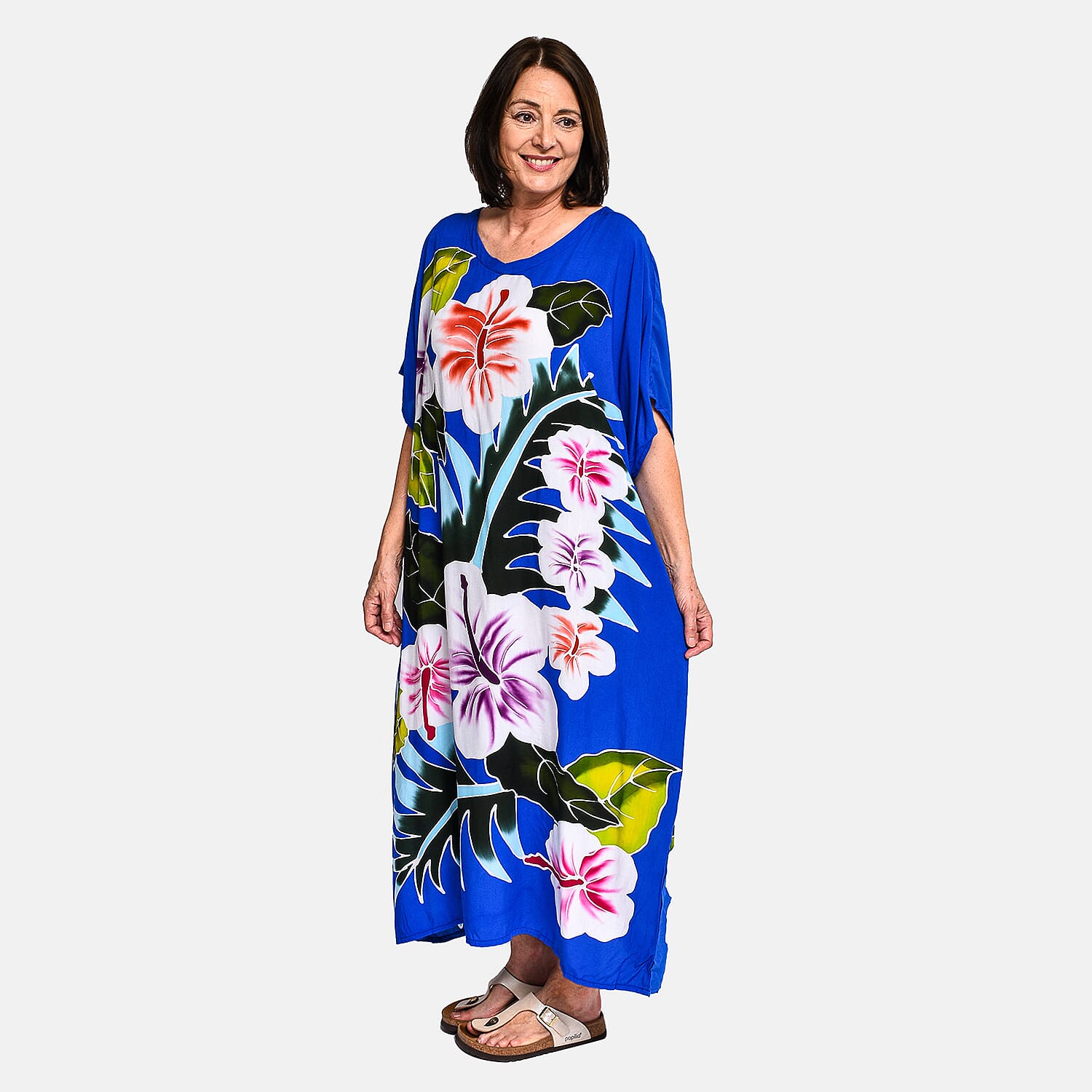 100% Viscose Handpainted Floral Pattern Maxi Dress (One Size) - Blue - Multi