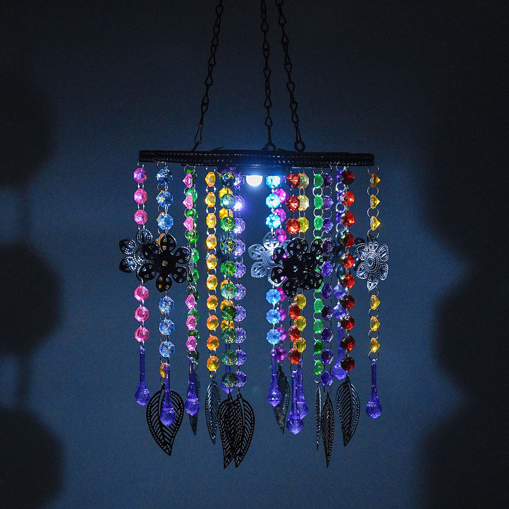 Solar Outdoor Chandelier with Synthetic Crystal Beads, Flower - Leaves Design - Multicolor