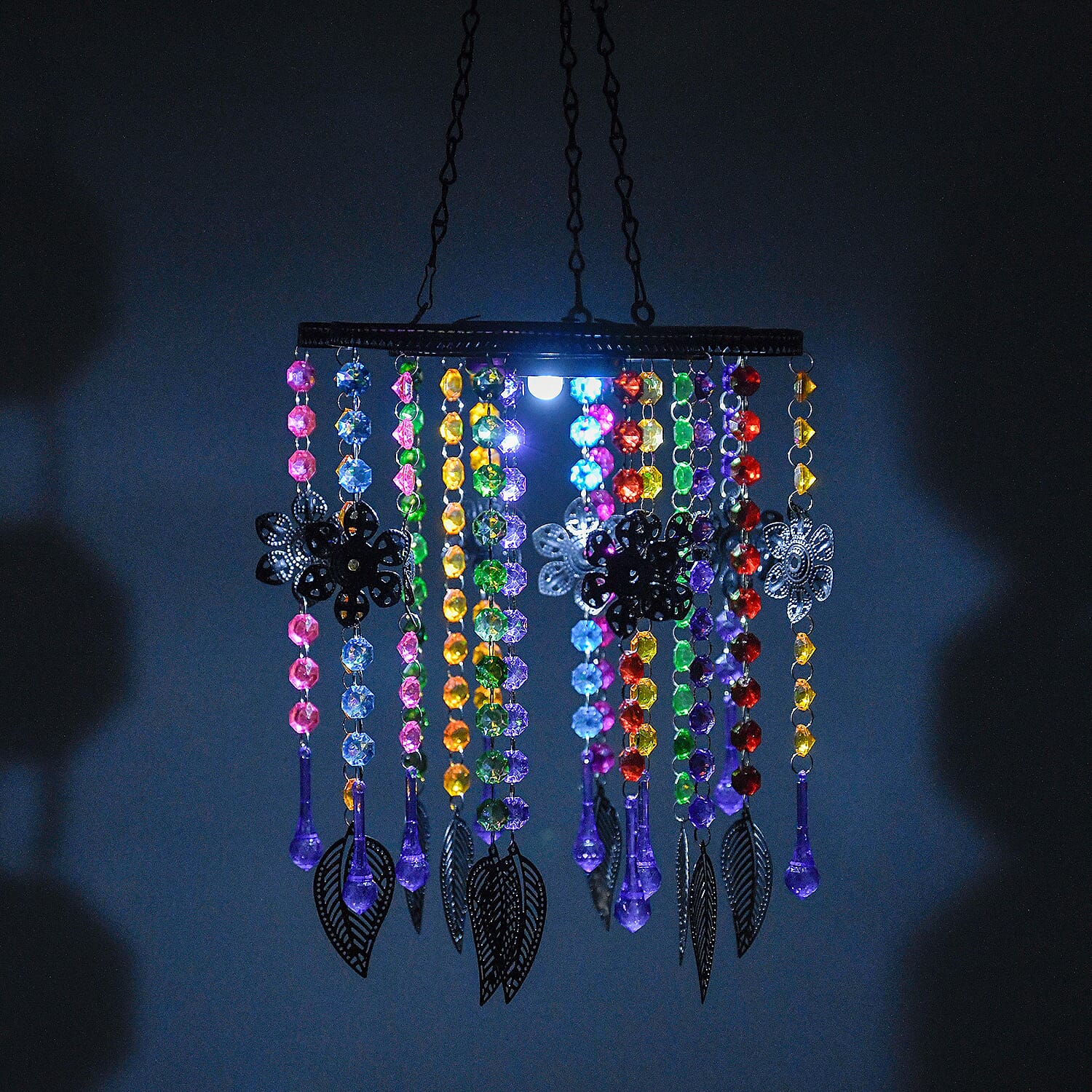 Solar Outdoor Chandelier with Synthetic Crystal Beads, Flower - Leaves Design - Multicolor