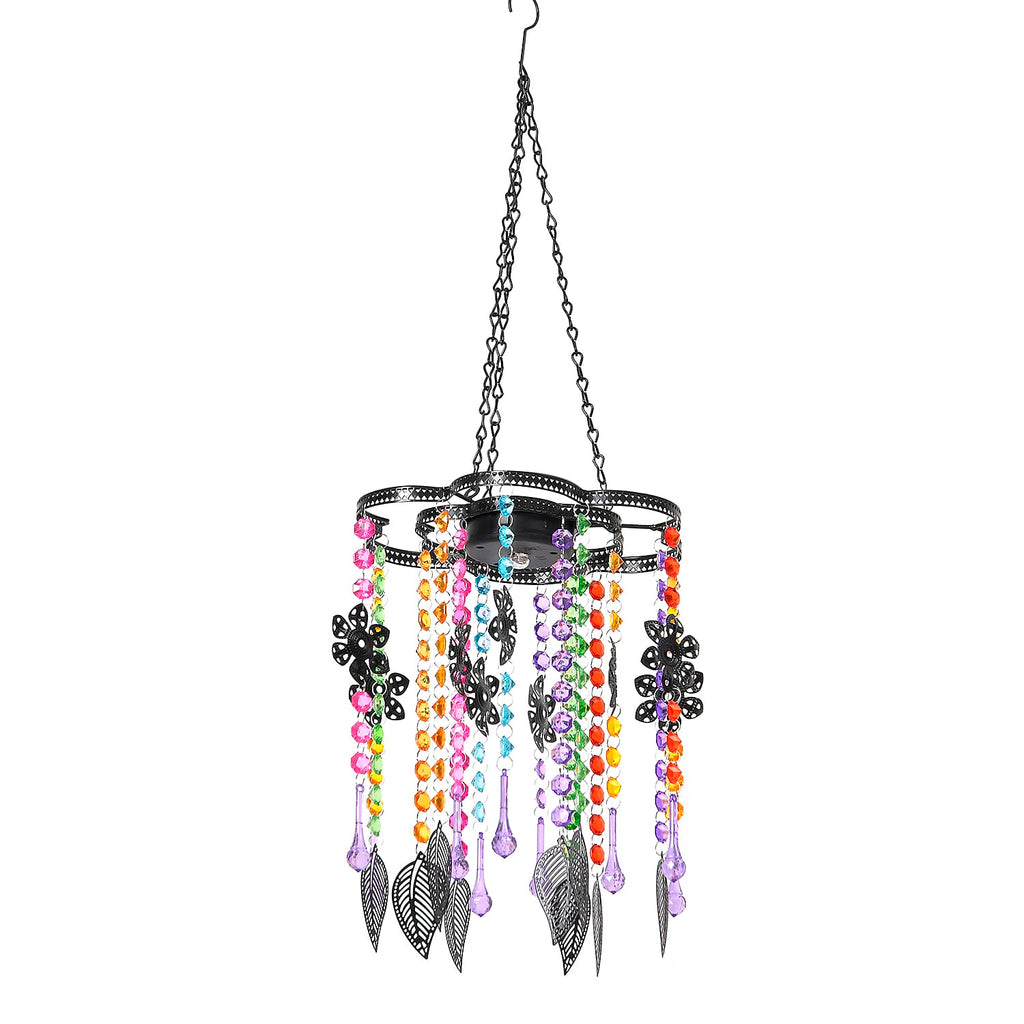 Solar Outdoor Chandelier with Synthetic Crystal Beads, Flower - Leaves Design - Multicolor