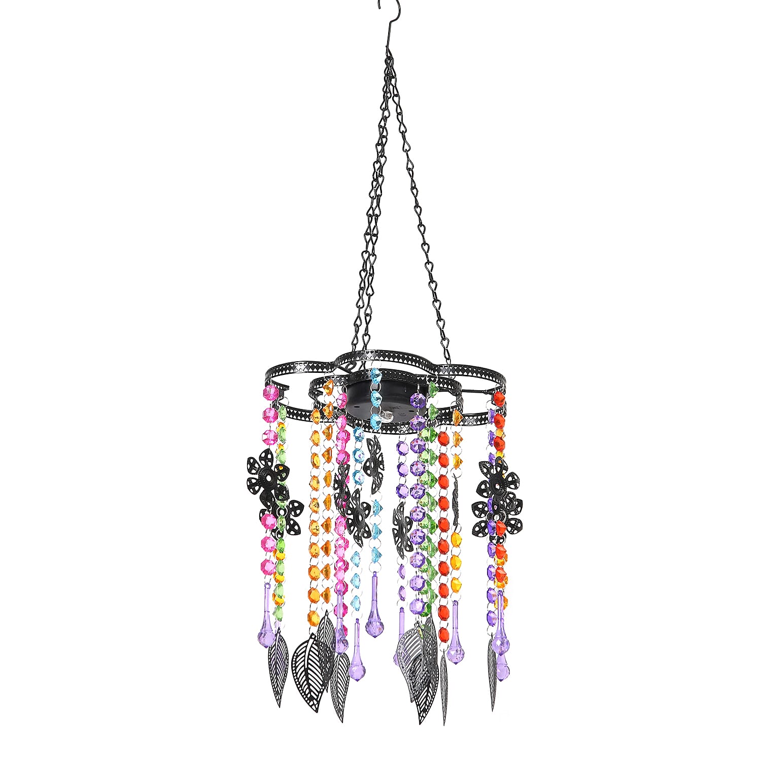 Solar Outdoor Chandelier with Synthetic Crystal Beads, Flower - Leaves Design - Multicolor
