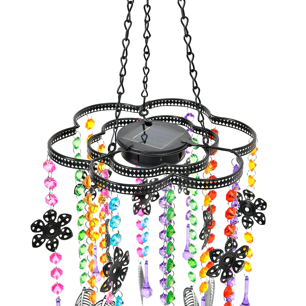 Solar Outdoor Chandelier with Synthetic Crystal Beads, Flower - Leaves Design - Multicolor