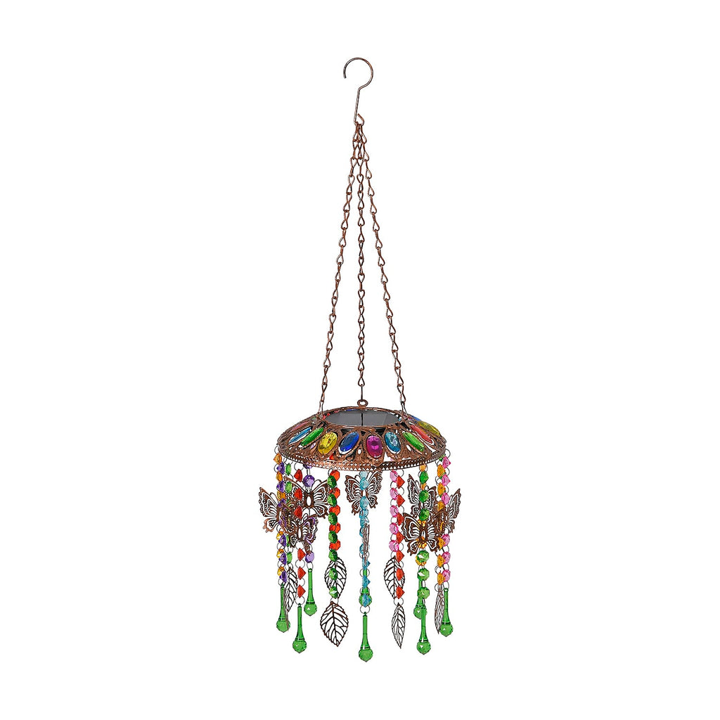 Solar Outdoor Chandelier with Butterfly Synthetic Crystal Beads - Leaves Design - Multicolour