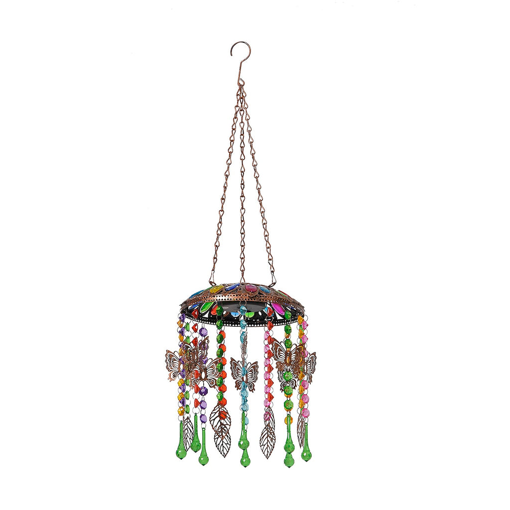 Solar Outdoor Chandelier with Butterfly Synthetic Crystal Beads - Leaves Design - Multicolour