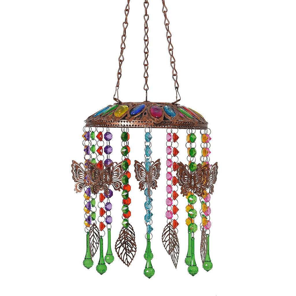 Solar Outdoor Chandelier with Butterfly Synthetic Crystal Beads - Leaves Design - Multicolour
