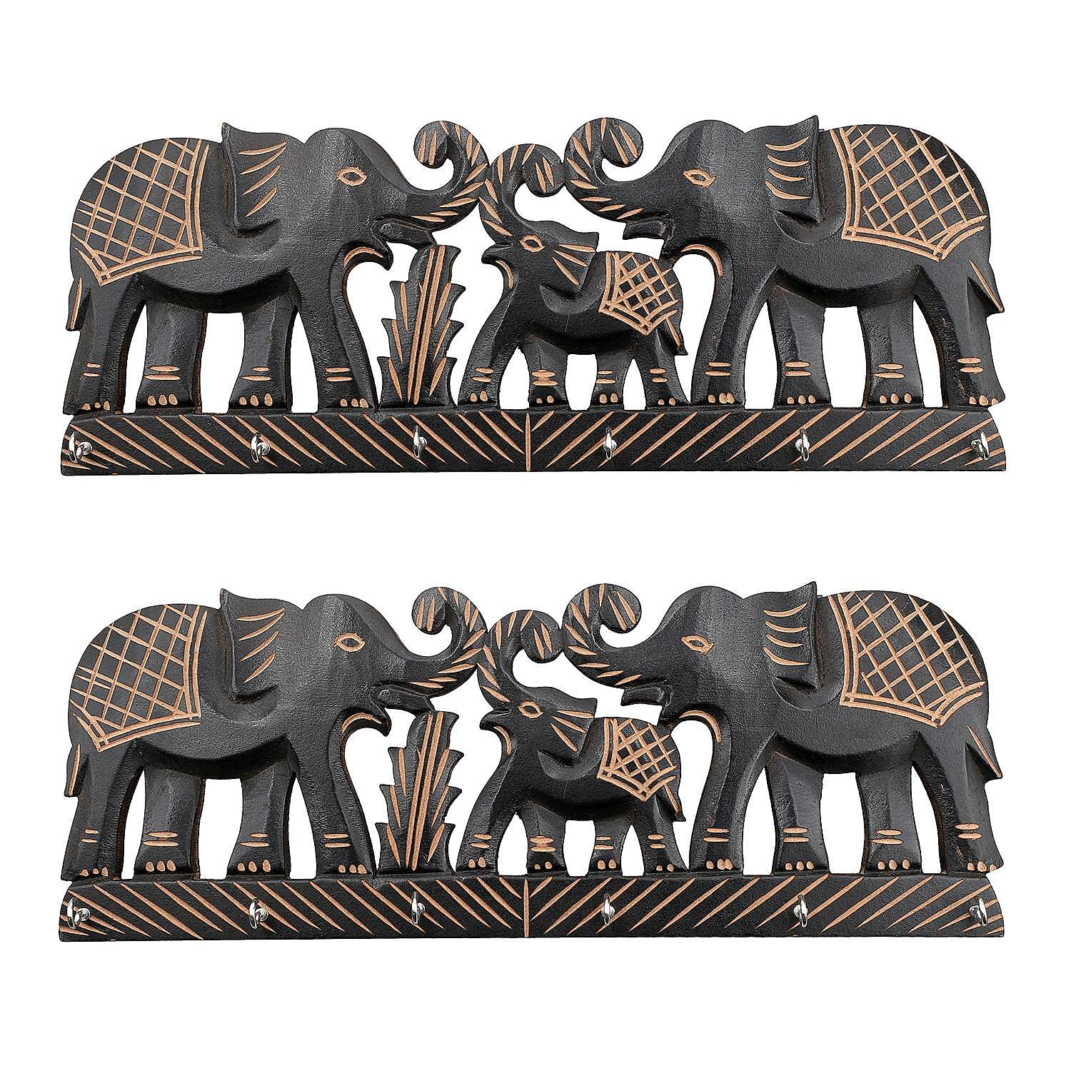 Boutique Collection - Set of 2 Carved Wooden Elephant Key Holders
