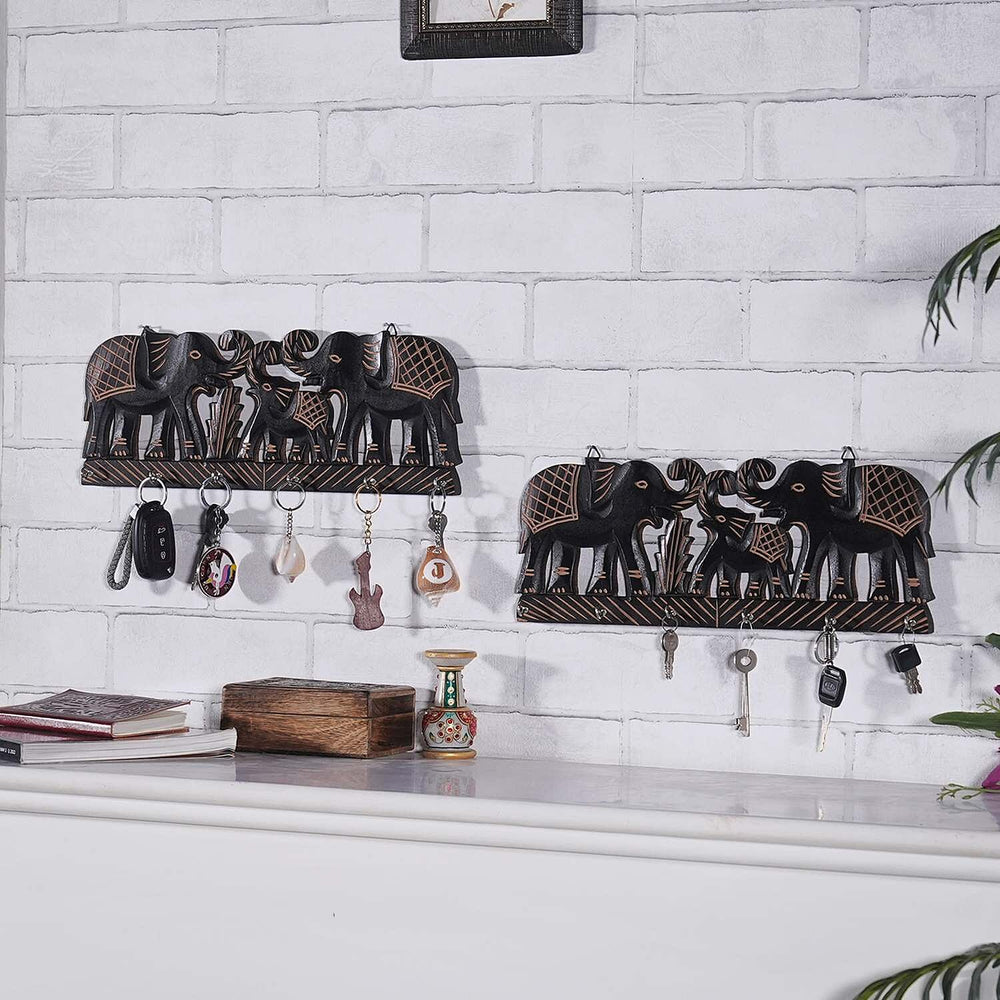 Boutique Collection - Set of 2 Carved Wooden Elephant Key Holders