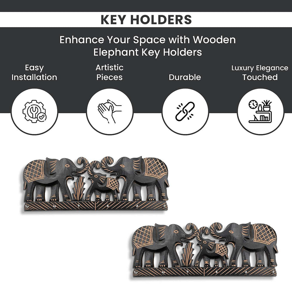 Boutique Collection - Set of 2 Carved Wooden Elephant Key Holders