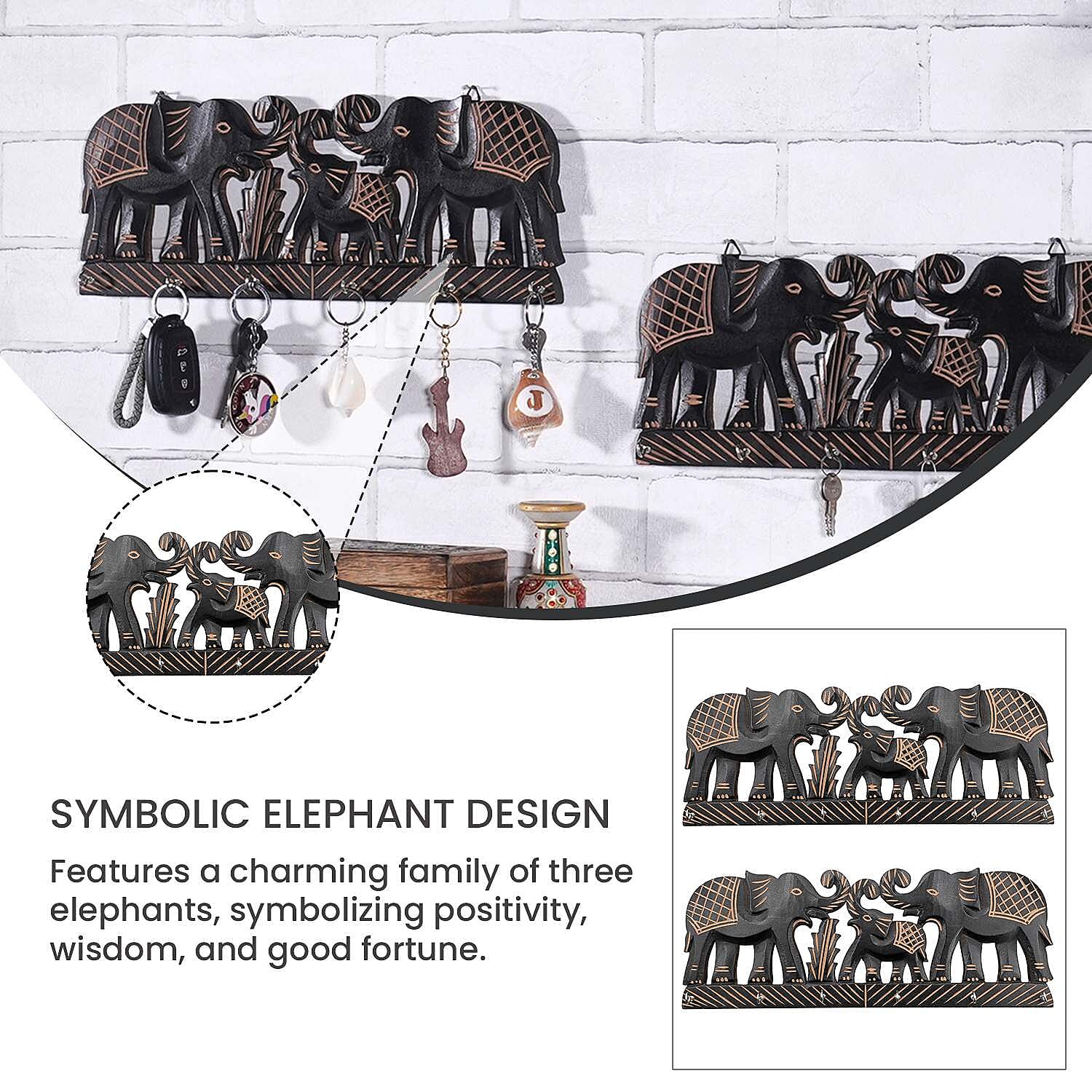 Boutique Collection - Set of 2 Carved Wooden Elephant Key Holders