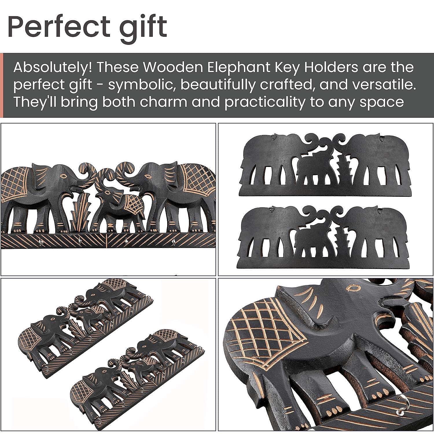 Boutique Collection - Set of 2 Carved Wooden Elephant Key Holders