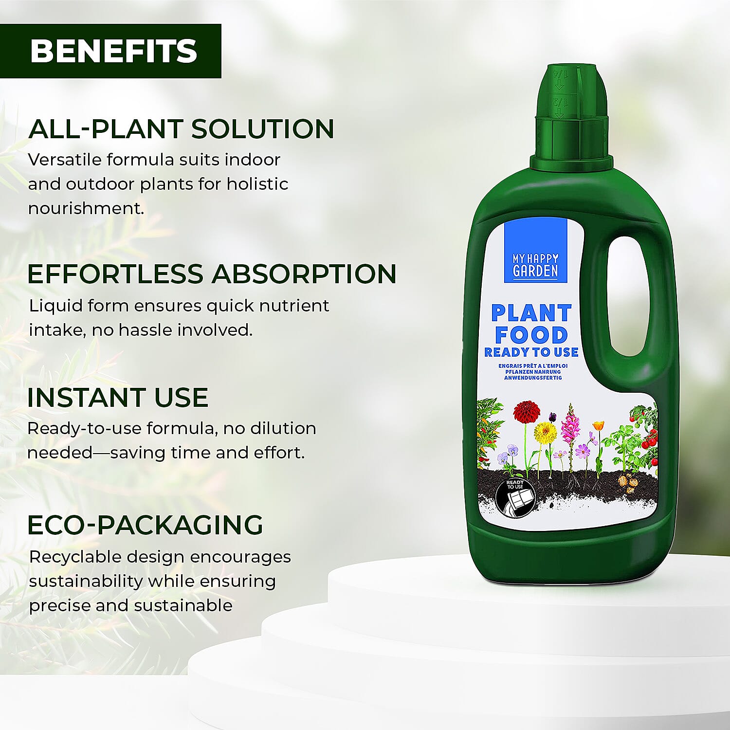 Happy Garden 7 Day Liquid Plant Food  - (1L Ready to Use) - Promotes Healthy Growth and Robust Blooms - Blend Of Nutrients. Nitrogen, Potassium, Phosphorus, Magnesium, Fertiliser