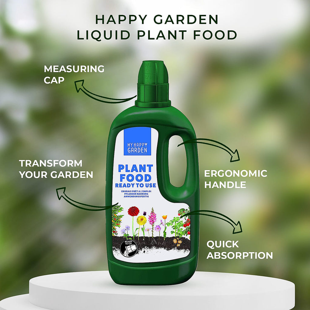 Happy Garden 7 Day Liquid Plant Food  - (1L Ready to Use) - Promotes Healthy Growth and Robust Blooms - Blend Of Nutrients. Nitrogen, Potassium, Phosphorus, Magnesium, Fertiliser