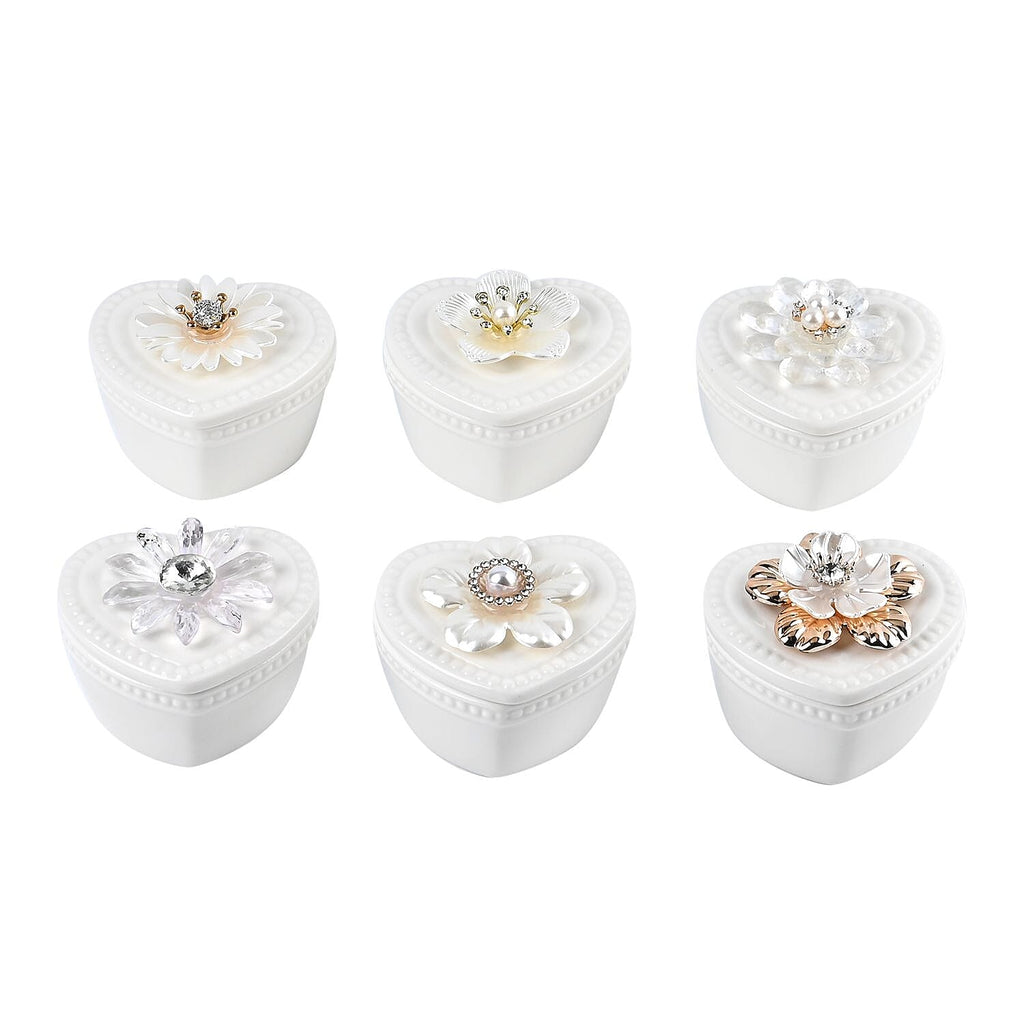 6 Pieces Fine Porcelain Heart Shape Containers with Floral Lids