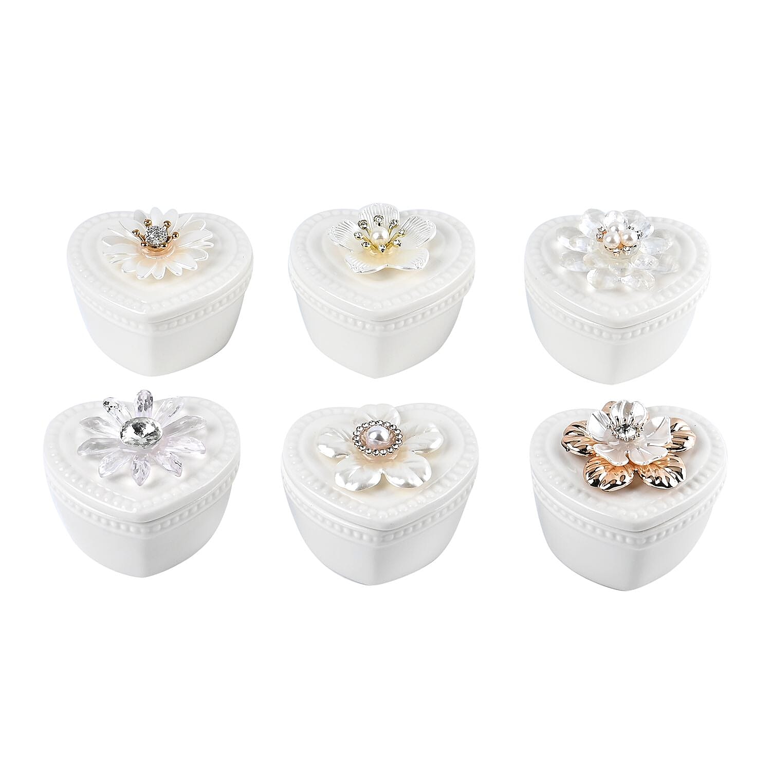 6 Pieces Fine Porcelain Heart Shape Containers with Floral Lids