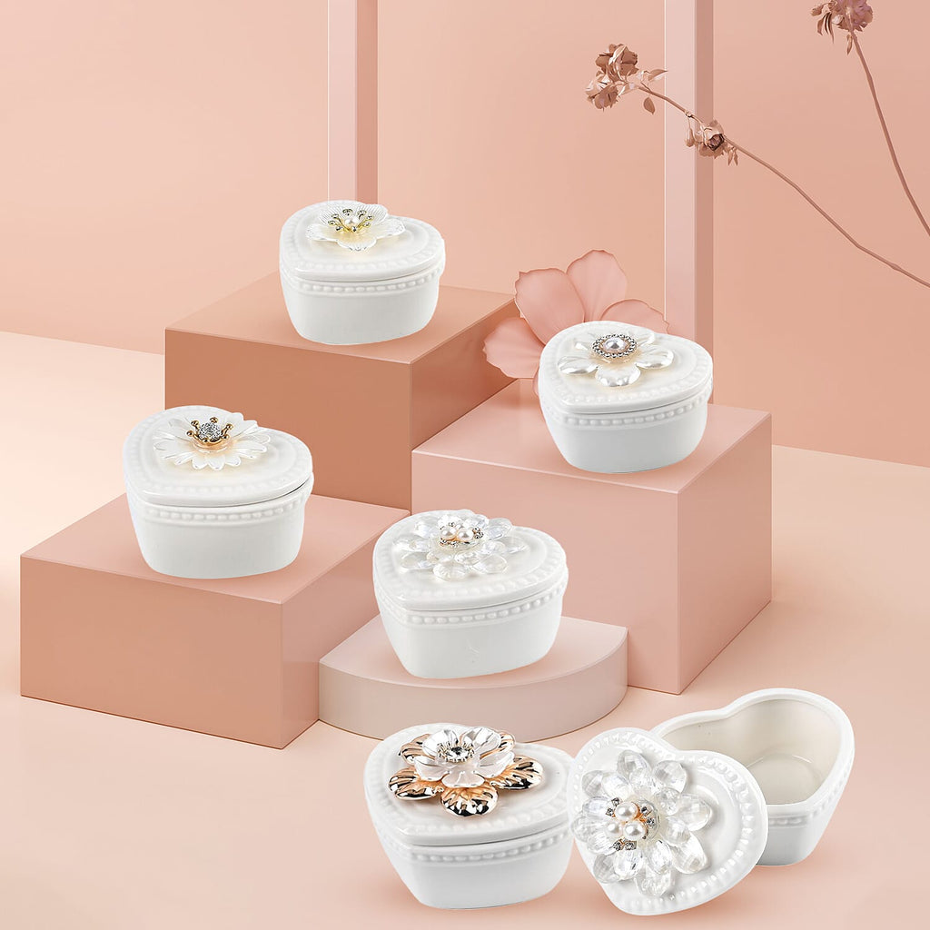 6 Pieces Fine Porcelain Heart Shape Containers with Floral Lids