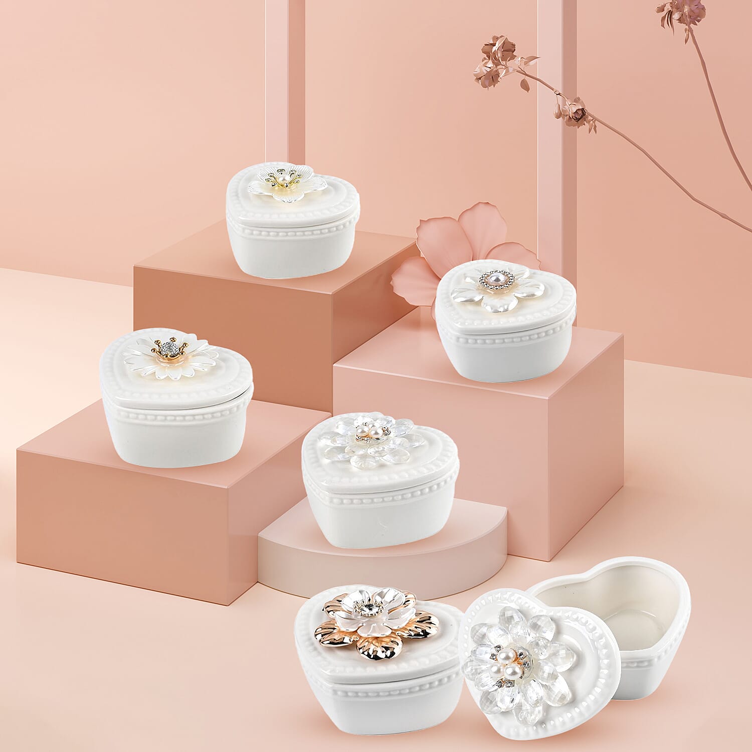 6 Pieces Fine Porcelain Heart Shape Containers with Floral Lids