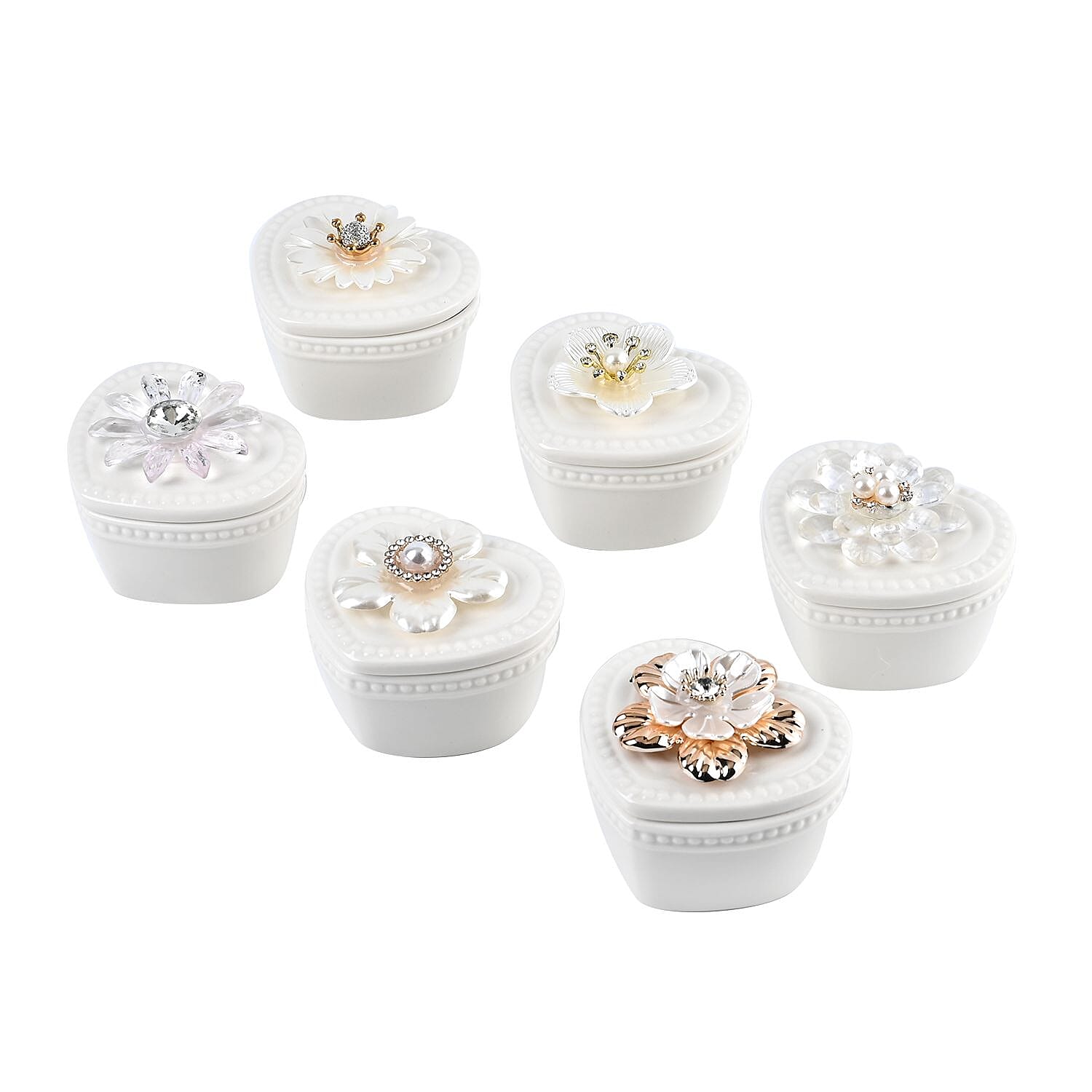 6 Pieces Fine Porcelain Heart Shape Containers with Floral Lids