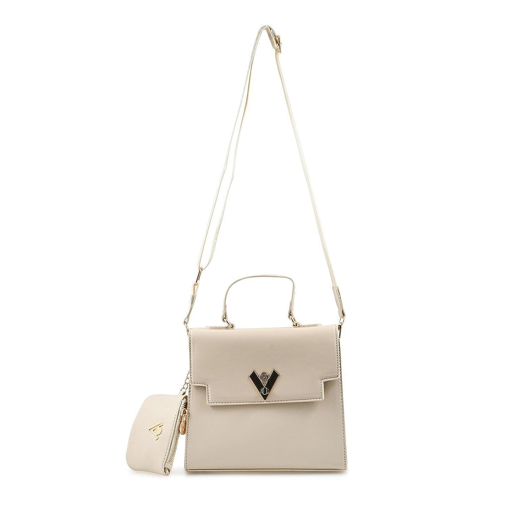 Heart and Soul Elegant Valentino Orlandi V Logo Satchel Bag with Adjustable Strap & Wallet - Taupe
