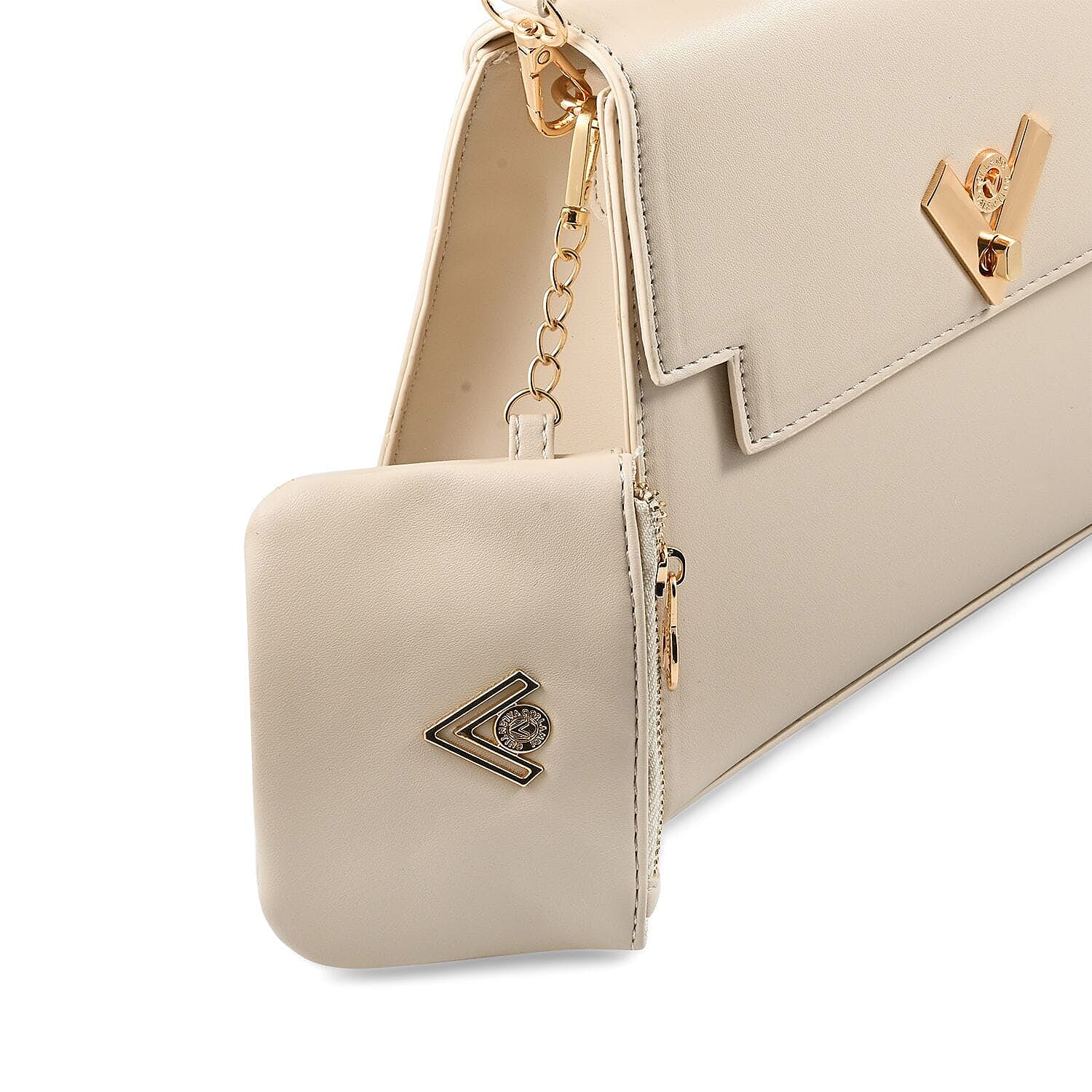 Heart and Soul Elegant Valentino Orlandi V Logo Satchel Bag with Adjustable Strap & Wallet - Taupe