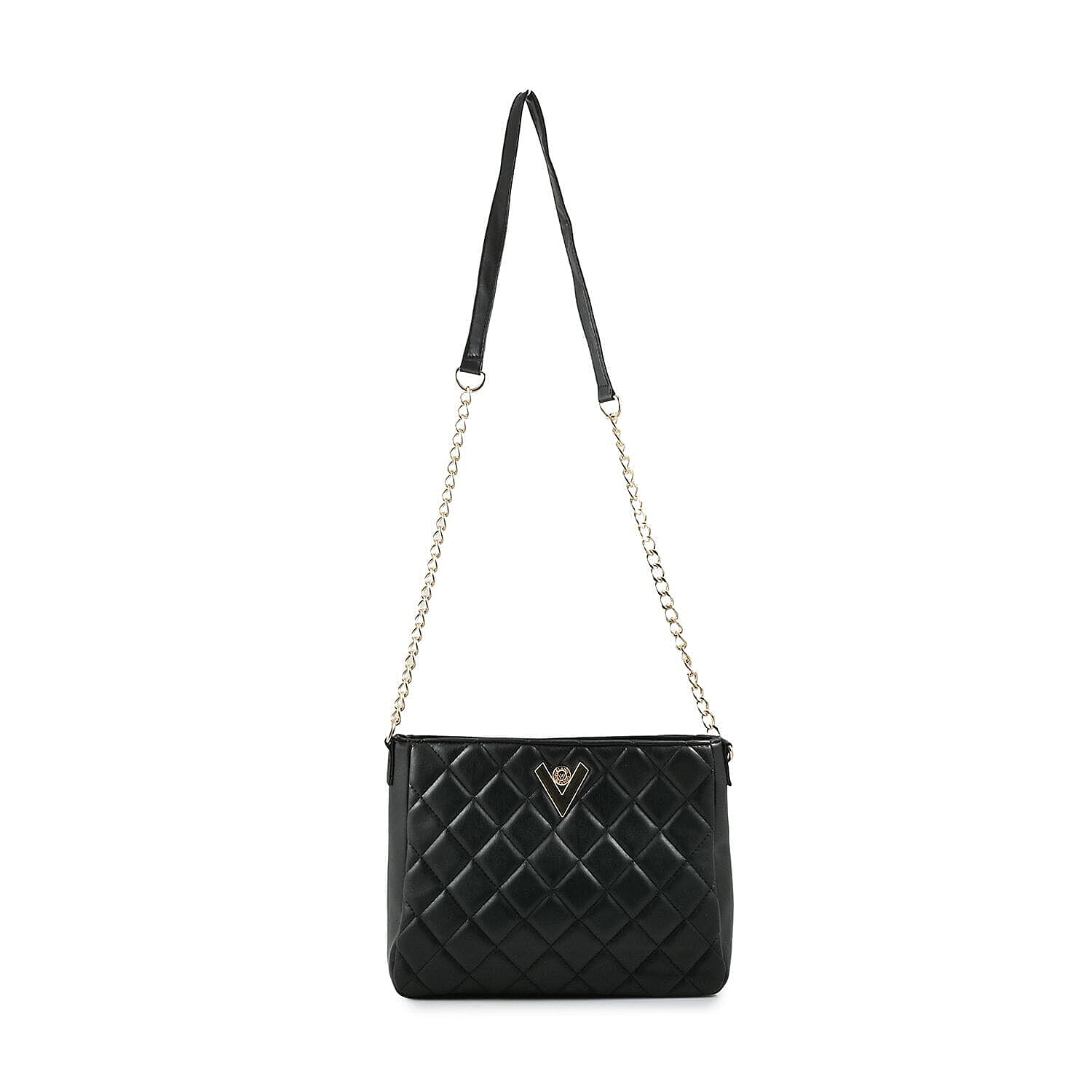 Heart and Soul Valentino Orlandi Elegant Quilted Crossbody Bag with V Logo - Black