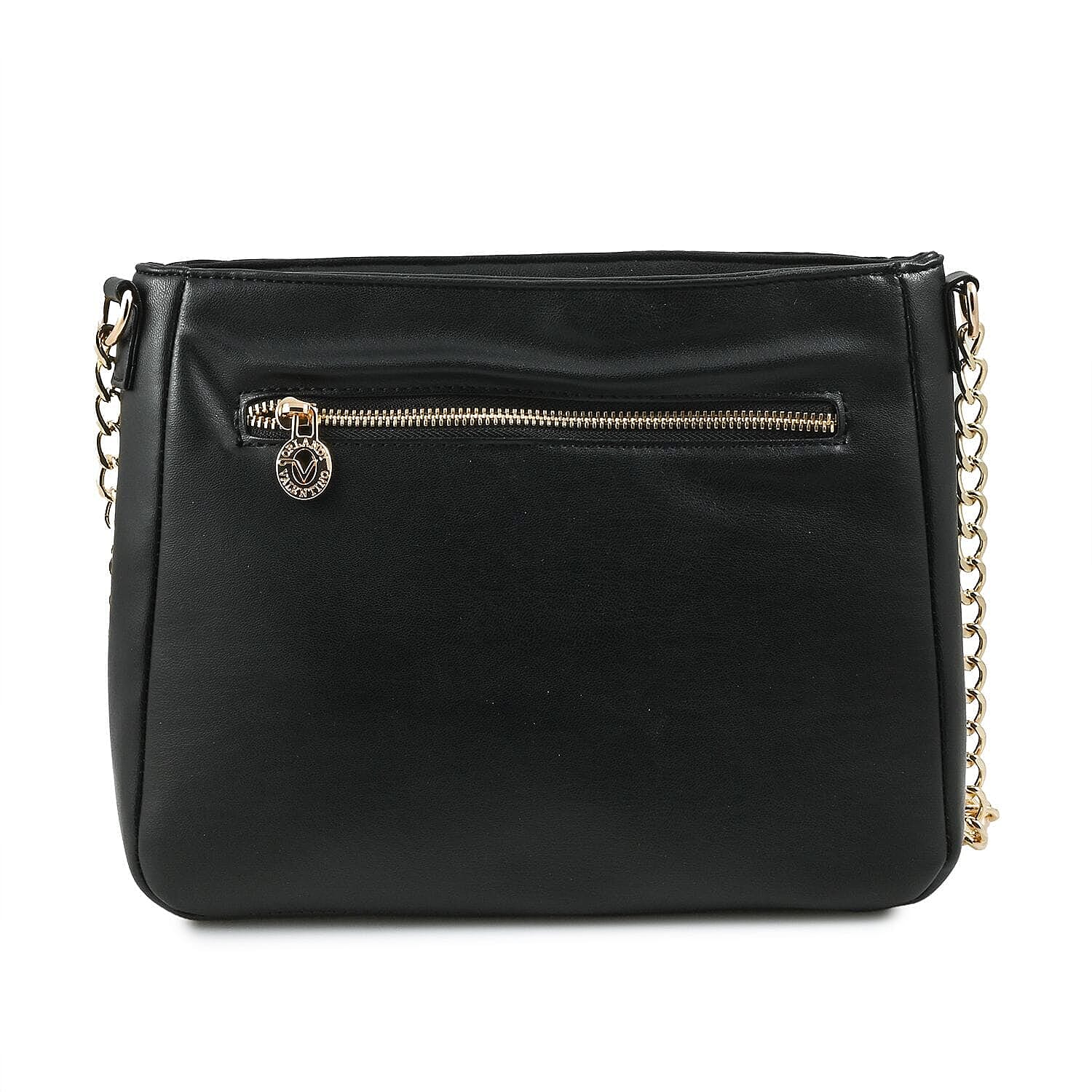 Heart and Soul Valentino Orlandi Elegant Quilted Crossbody Bag with V Logo - Black