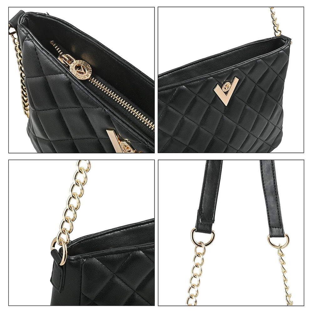 Heart and Soul Valentino Orlandi Elegant Quilted Crossbody Bag with V Logo - Black