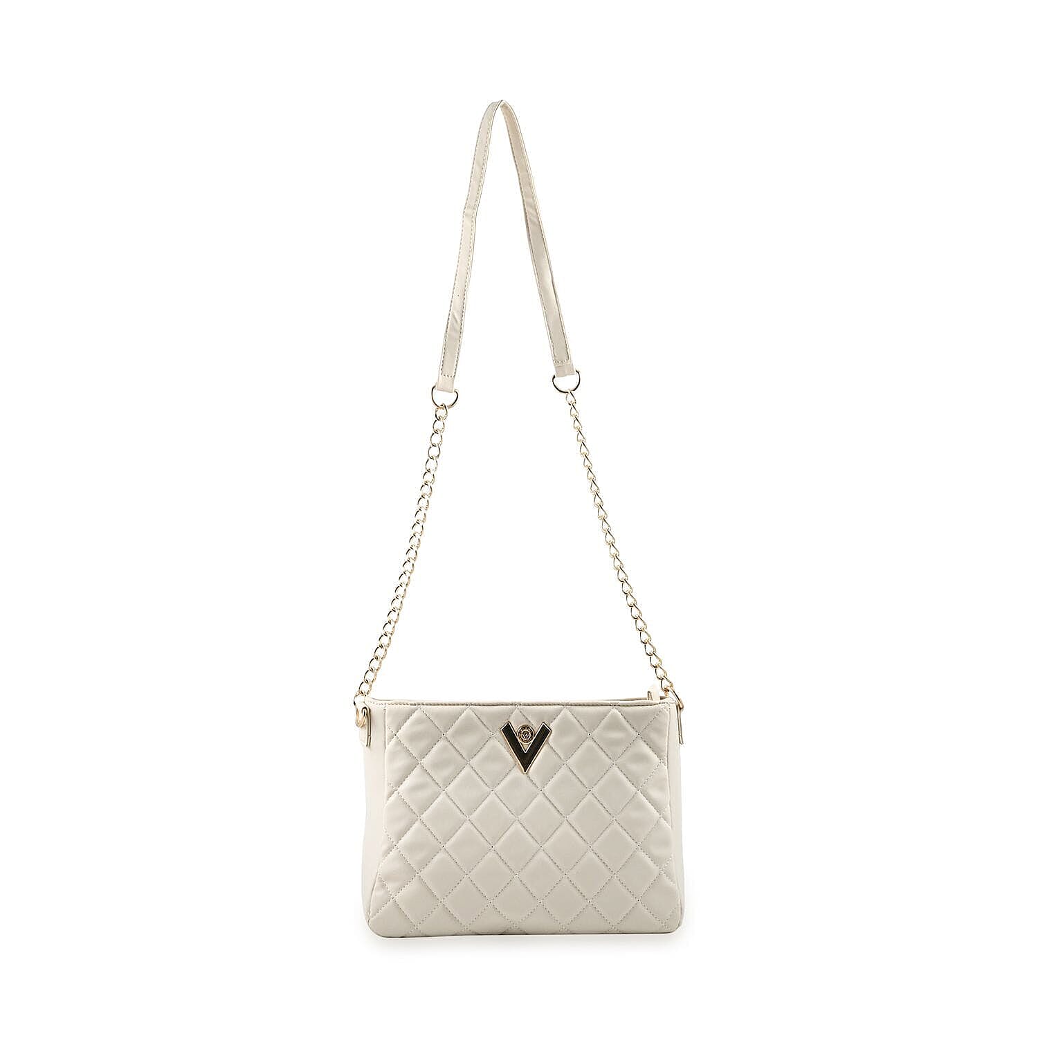 Heart and Soul Valentino Orlandi Elegant Quilted Crossbody Bag with V Logo - Cream