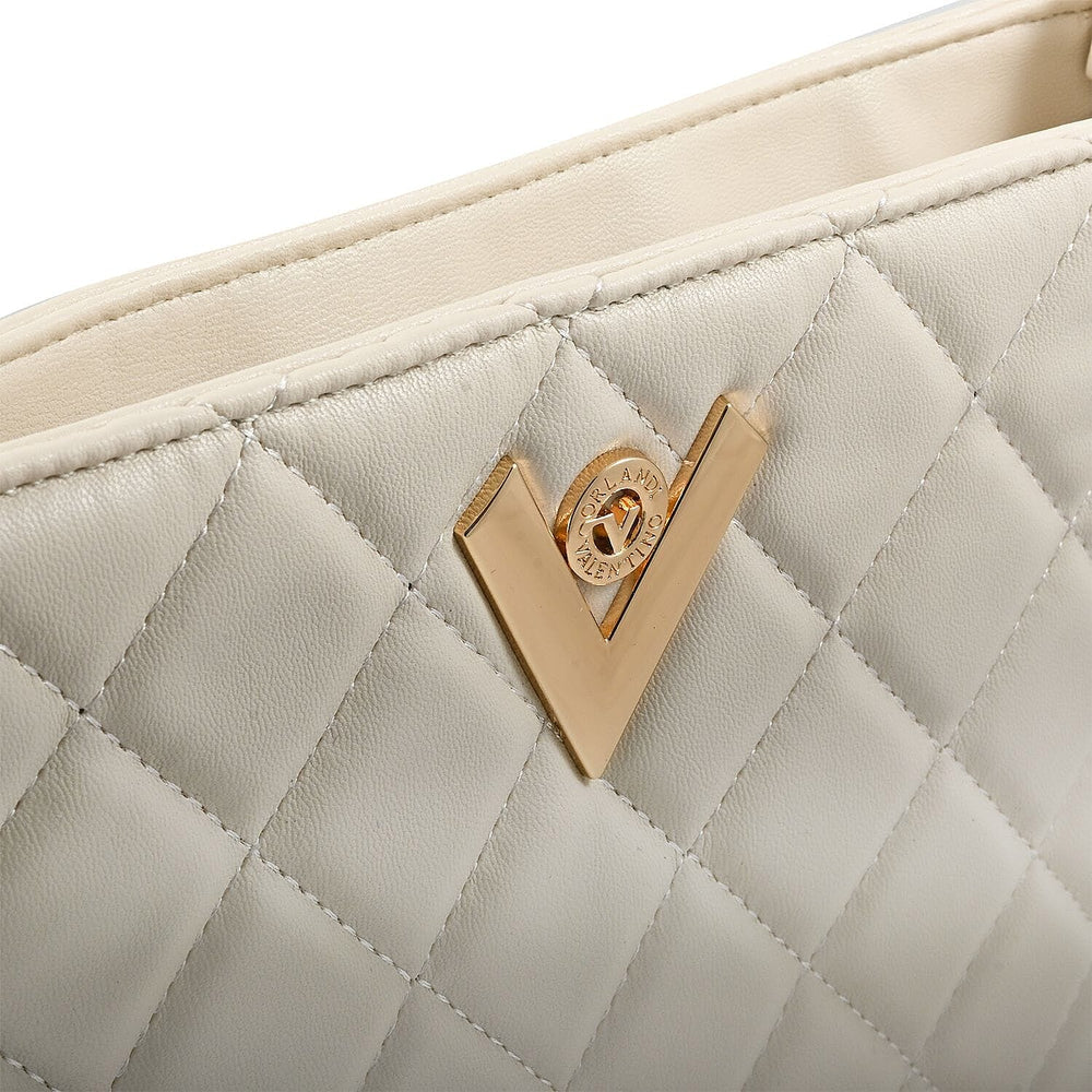 Heart and Soul Valentino Orlandi Elegant Quilted Crossbody Bag with V Logo - Cream
