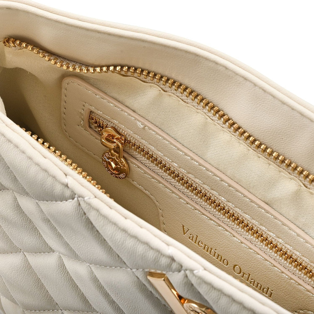 Heart and Soul Valentino Orlandi Elegant Quilted Crossbody Bag with V Logo - Cream