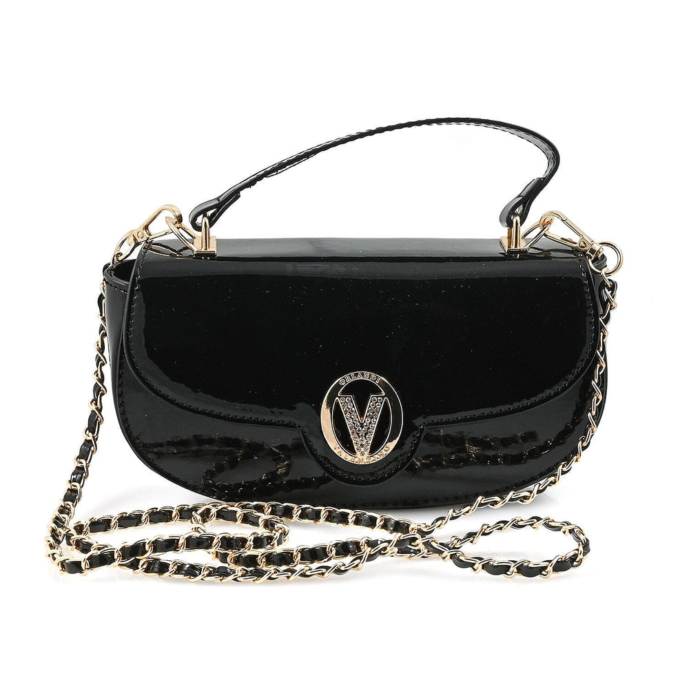 Valentino Orlandi - Italian Designer Glamorous Black Patent East-West Crossbody Bag with Gold Chain - Diamond V Detail