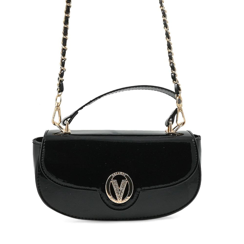 Valentino Orlandi - Italian Designer Glamorous Black Patent East-West Crossbody Bag with Gold Chain - Diamond V Detail