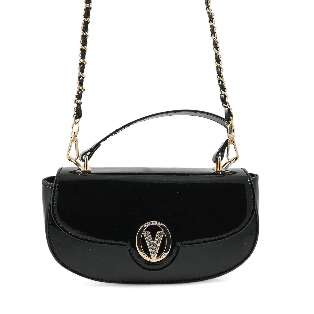 Valentino Orlandi - Italian Designer Glamorous Black Patent East-West Crossbody Bag with Gold Chain - Diamond V Detail