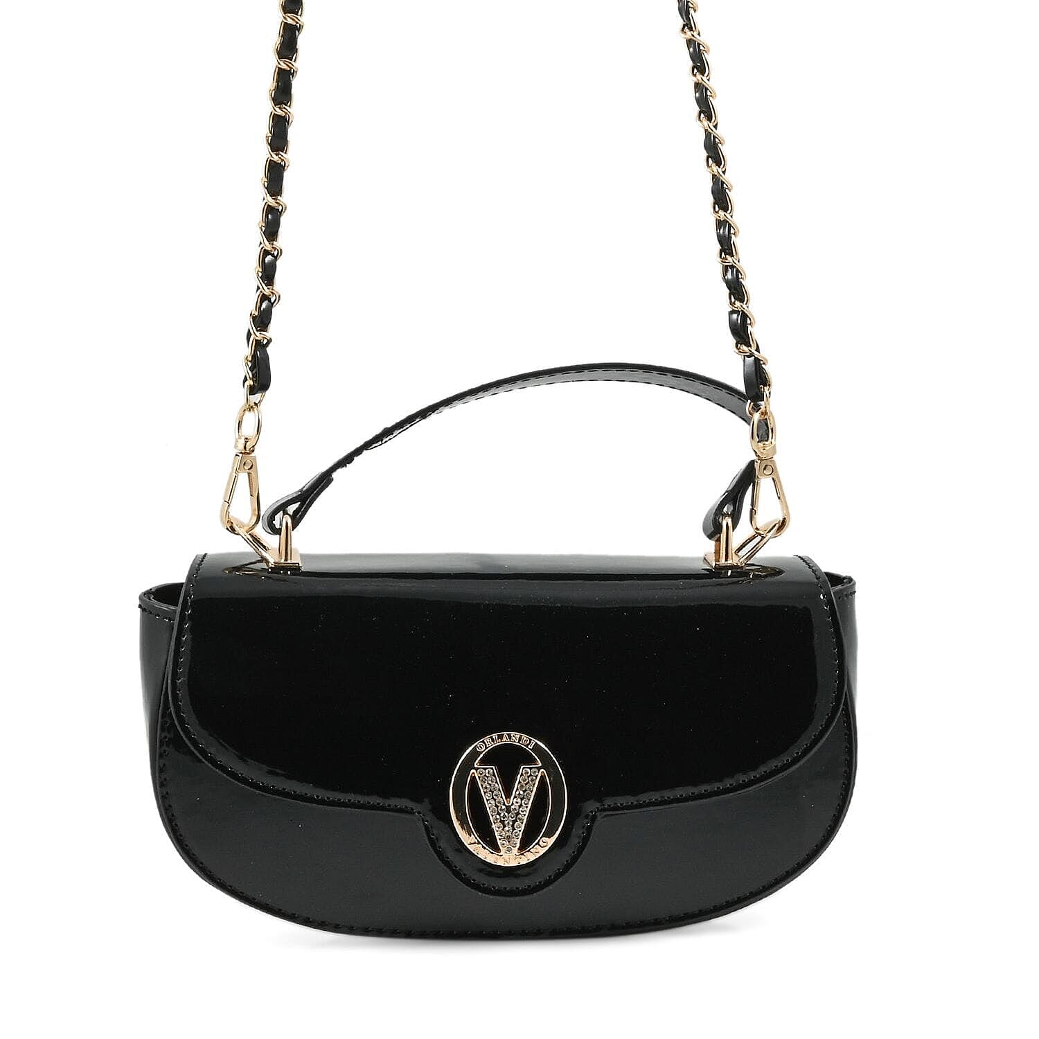 Valentino Orlandi - Italian Designer Glamorous Black Patent East-West Crossbody Bag with Gold Chain - Diamond V Detail