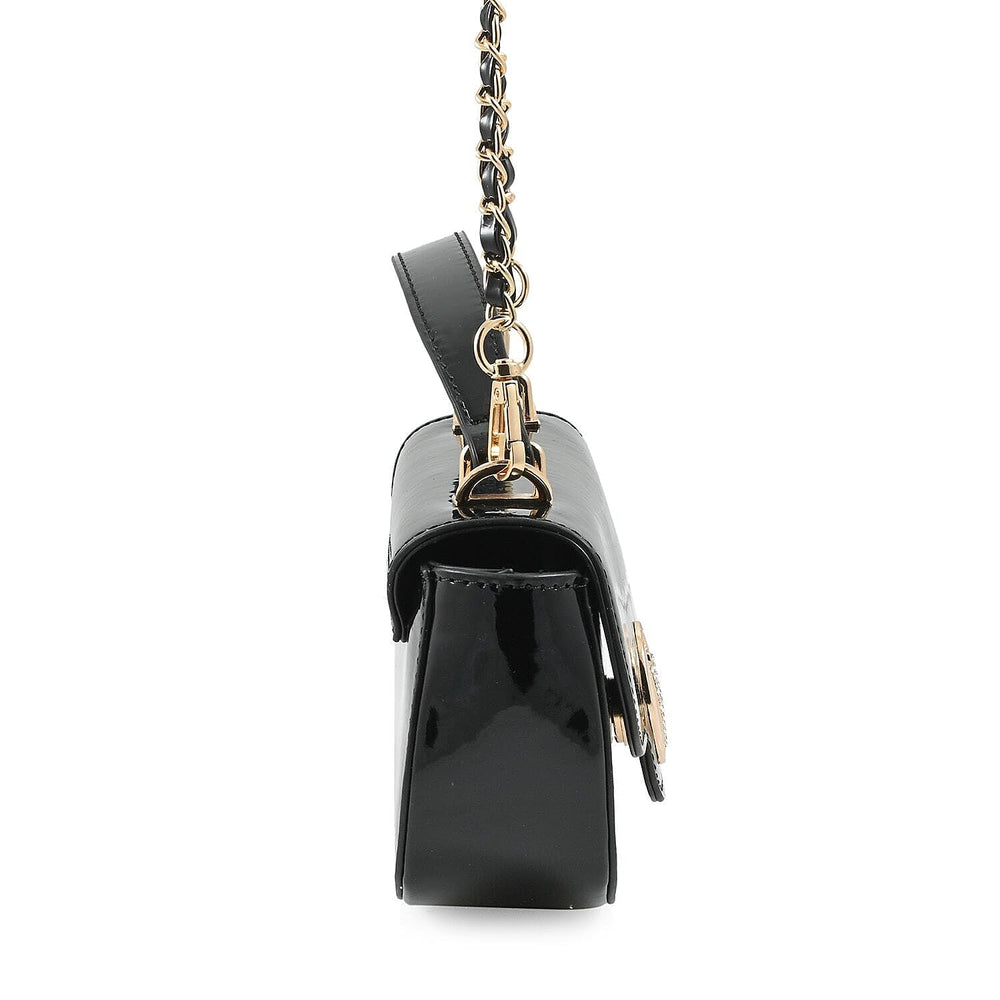 Valentino Orlandi - Italian Designer Glamorous Black Patent East-West Crossbody Bag with Gold Chain - Diamond V Detail