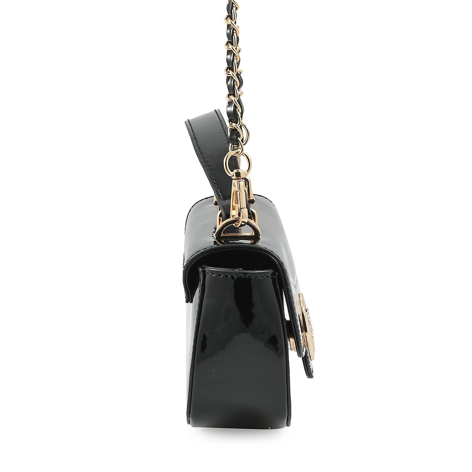 Valentino Orlandi - Italian Designer Glamorous Black Patent East-West Crossbody Bag with Gold Chain - Diamond V Detail