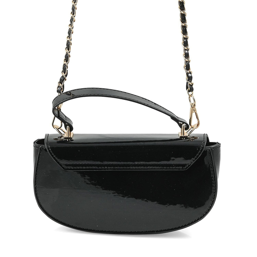 Valentino Orlandi - Italian Designer Glamorous Black Patent East-West Crossbody Bag with Gold Chain - Diamond V Detail