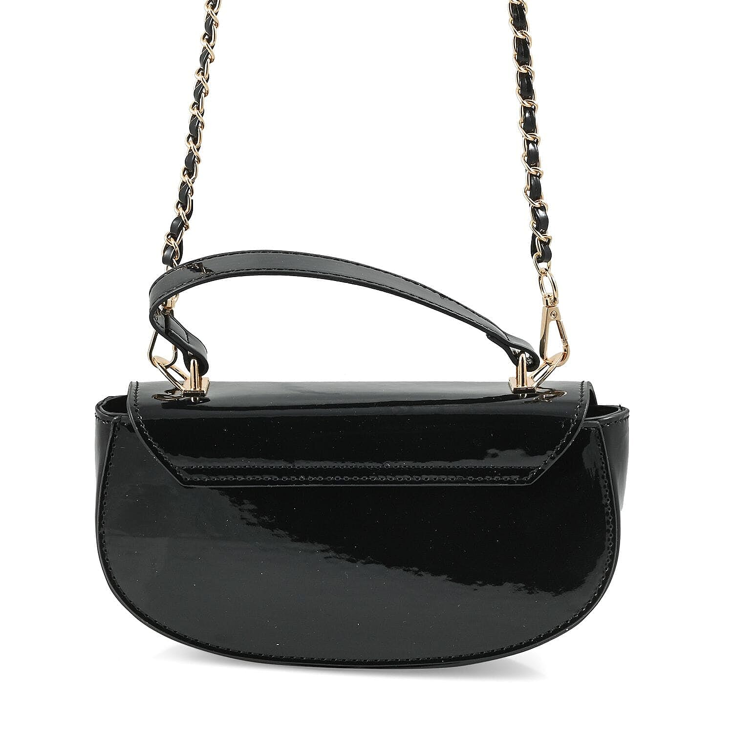 Valentino Orlandi - Italian Designer Glamorous Black Patent East-West Crossbody Bag with Gold Chain - Diamond V Detail