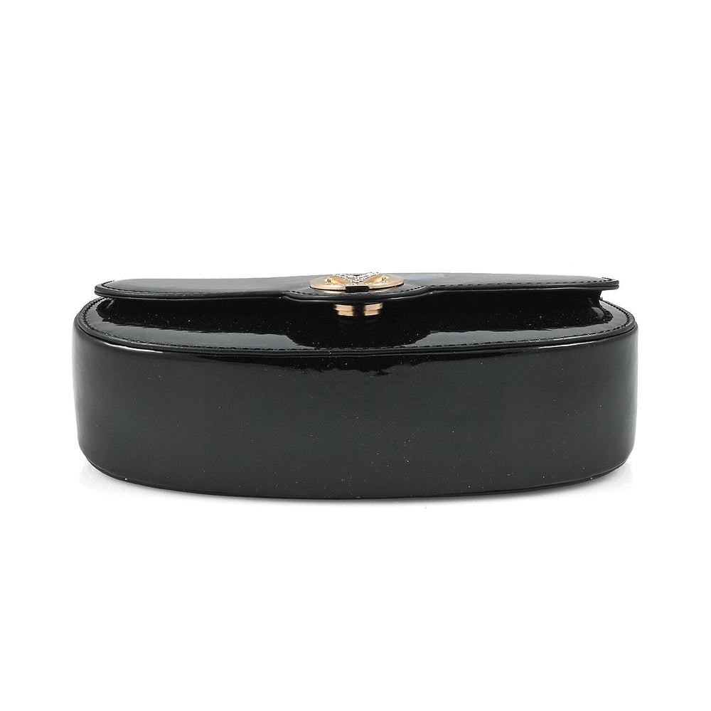 Valentino Orlandi - Italian Designer Glamorous Black Patent East-West Crossbody Bag with Gold Chain - Diamond V Detail