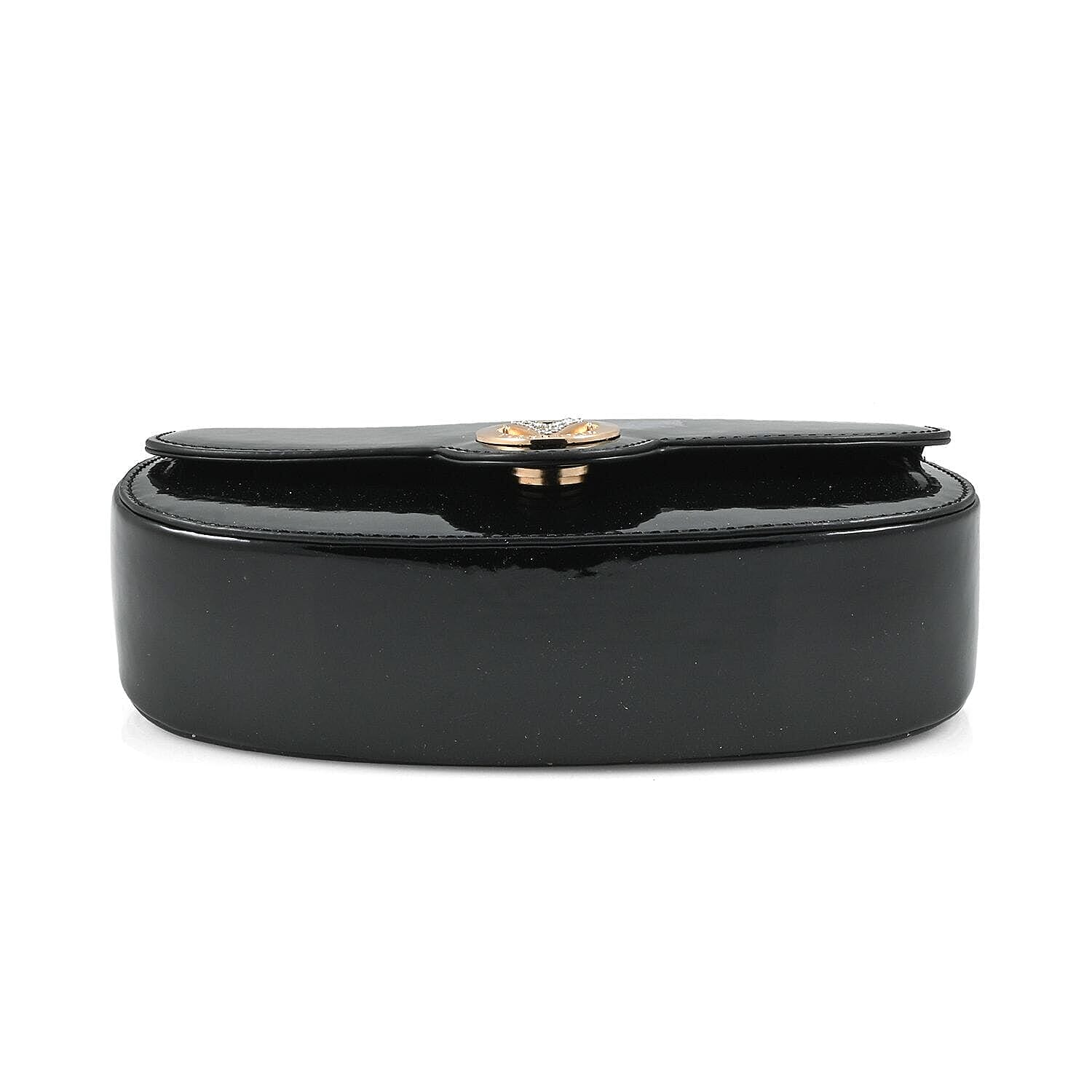 Valentino Orlandi - Italian Designer Glamorous Black Patent East-West Crossbody Bag with Gold Chain - Diamond V Detail