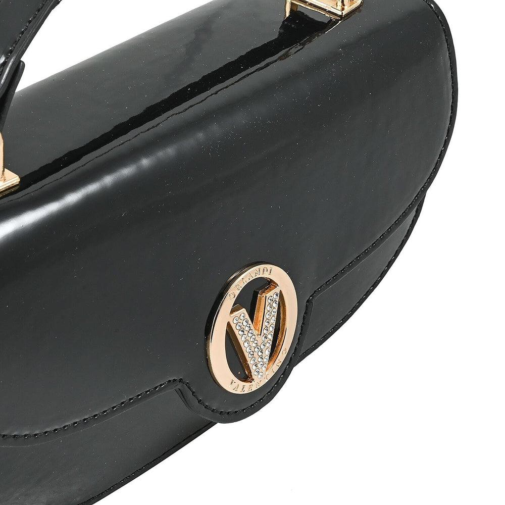 Valentino Orlandi - Italian Designer Glamorous Black Patent East-West Crossbody Bag with Gold Chain - Diamond V Detail