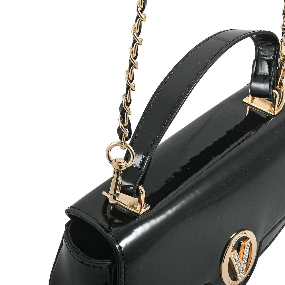 Valentino Orlandi - Italian Designer Glamorous Black Patent East-West Crossbody Bag with Gold Chain - Diamond V Detail