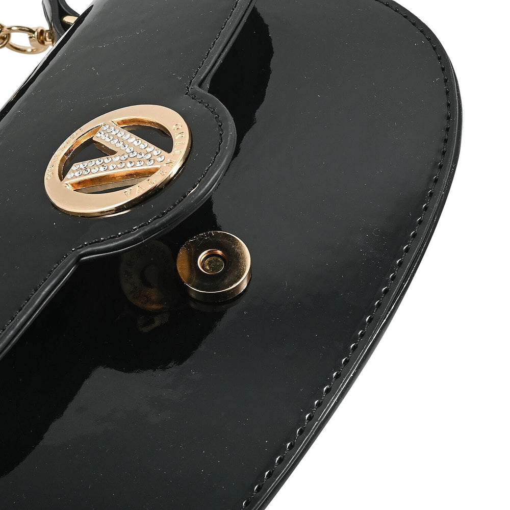 Valentino Orlandi - Italian Designer Glamorous Black Patent East-West Crossbody Bag with Gold Chain - Diamond V Detail