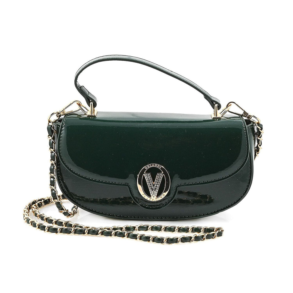 Valentino Orlandi - Italian Designer Glamorous Green Patent East-West Crossbody Bag with Gold Chain - Diamond V Detail