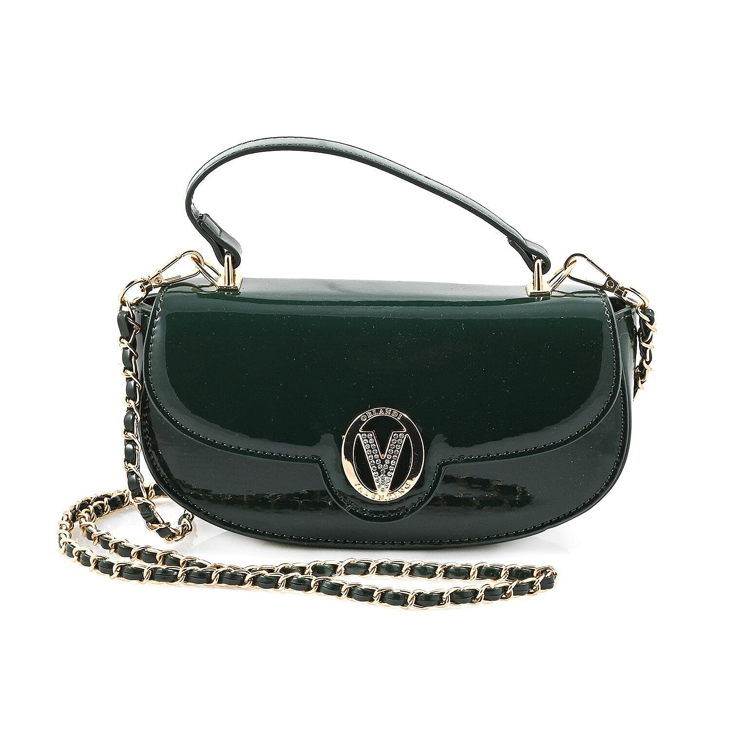 Valentino Orlandi - Italian Designer Glamorous Green Patent East-West Crossbody Bag with Gold Chain - Diamond V Detail