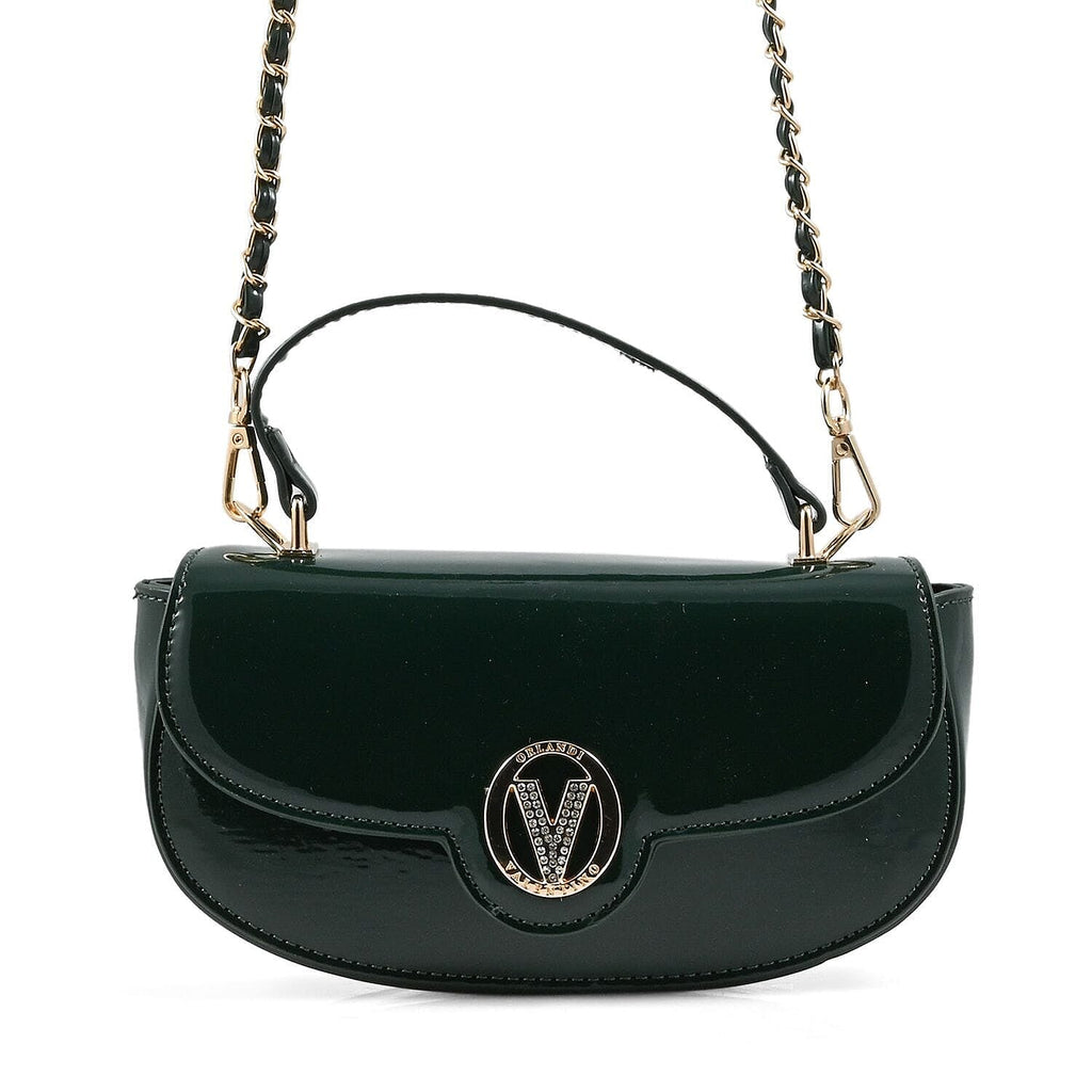 Valentino Orlandi - Italian Designer Glamorous Green Patent East-West Crossbody Bag with Gold Chain - Diamond V Detail