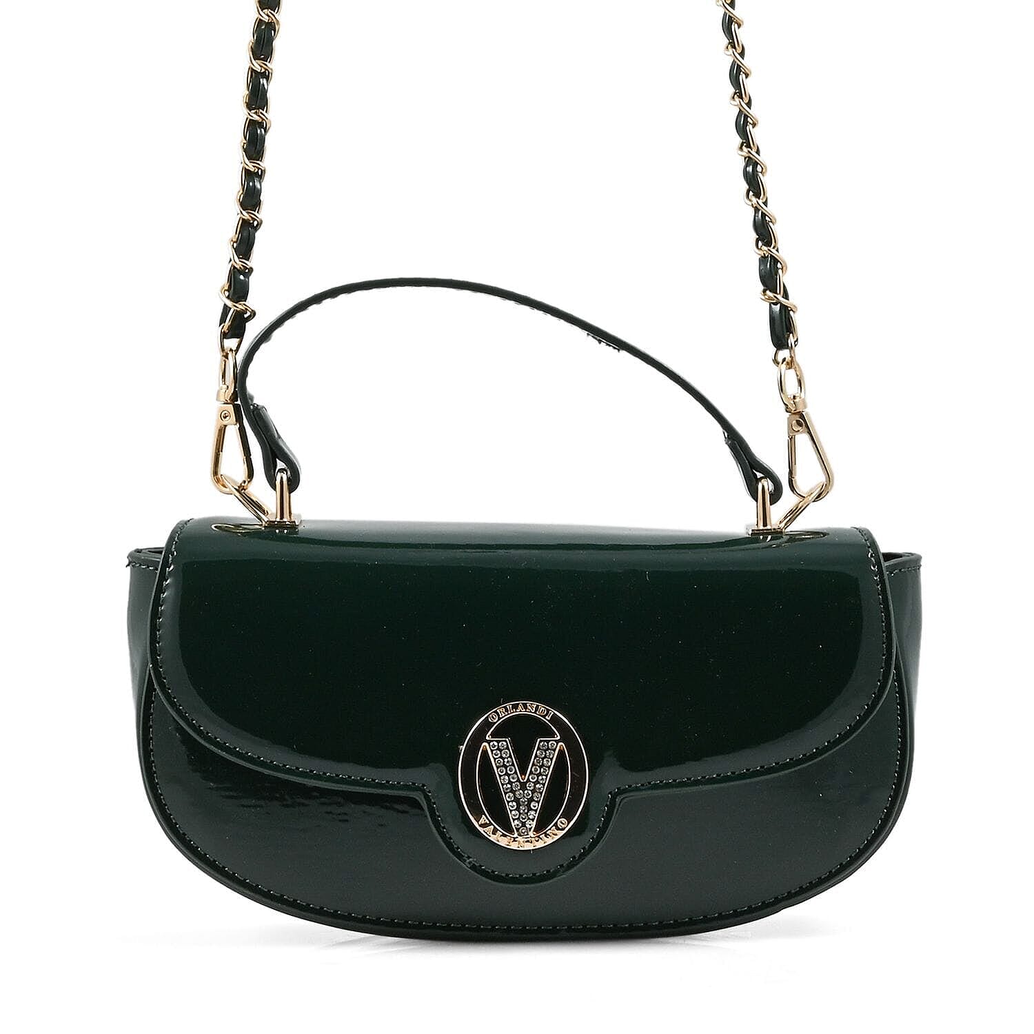 Valentino Orlandi - Italian Designer Glamorous Green Patent East-West Crossbody Bag with Gold Chain - Diamond V Detail