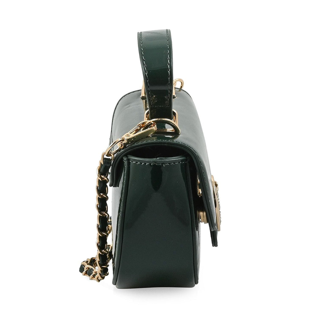 Valentino Orlandi - Italian Designer Glamorous Green Patent East-West Crossbody Bag with Gold Chain - Diamond V Detail