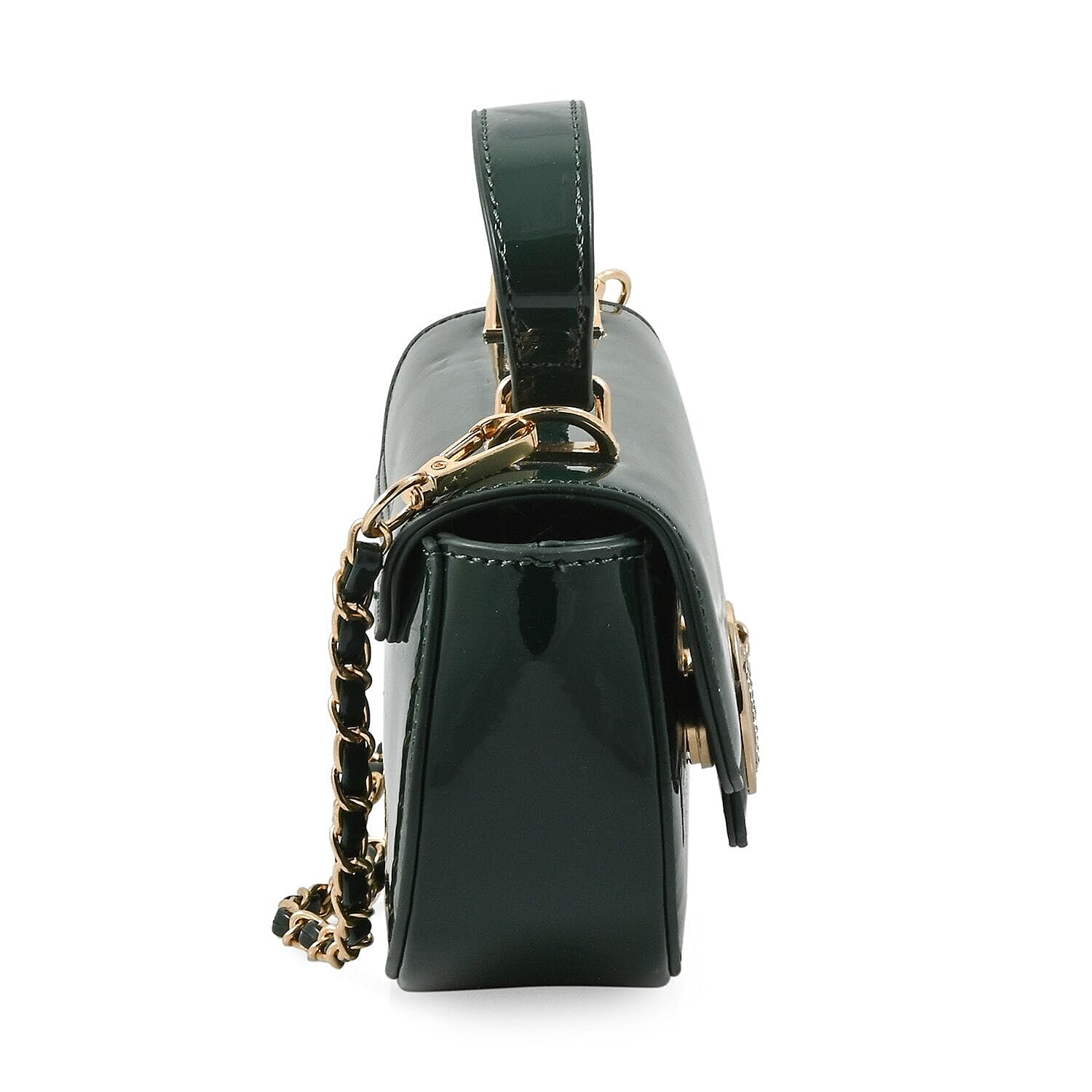 Valentino Orlandi - Italian Designer Glamorous Green Patent East-West Crossbody Bag with Gold Chain - Diamond V Detail