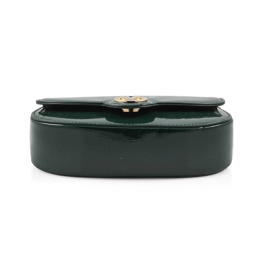 Valentino Orlandi - Italian Designer Glamorous Green Patent East-West Crossbody Bag with Gold Chain - Diamond V Detail